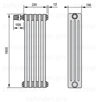 Схема (чертеж) Радиатор Zehnder Charleston 4180/5 №V012 Белый глянцевый RAL 9016